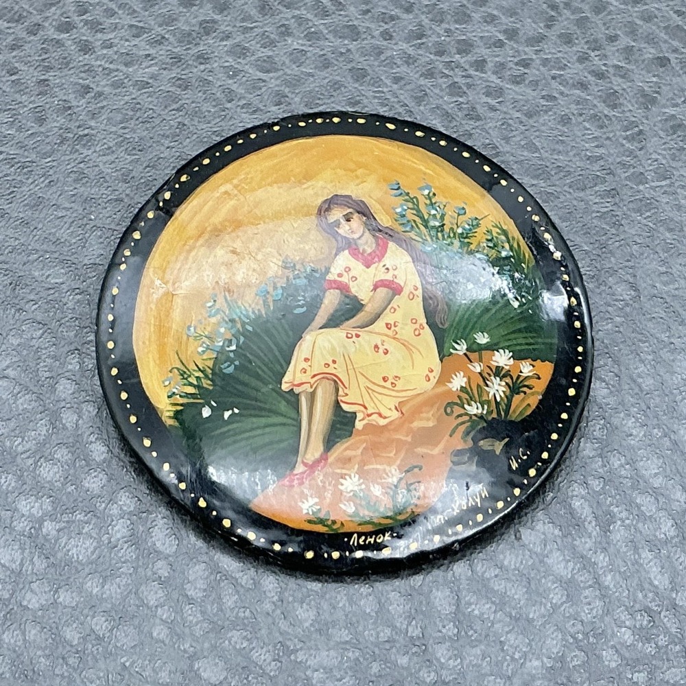 Vintage Russian Brooch Kholui Hand Painted Girl Multicolor Floral Round 2" Pin